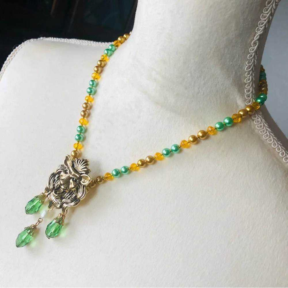 Handcrafted repurpose growling lion crystal pendant Czech glass Pearl necklace